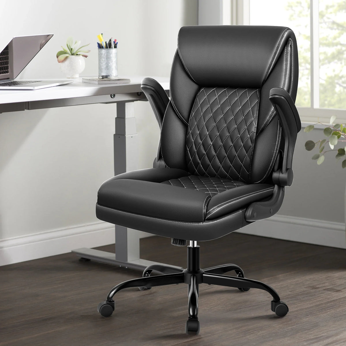 KERDOM Office Desk Chair, Mid Back Executive Leather Chair,Ergonomic Home Computer Chair,Modern Conference Room Chairs with Adjustable Flip-Up Arms and Rocking Function, Black