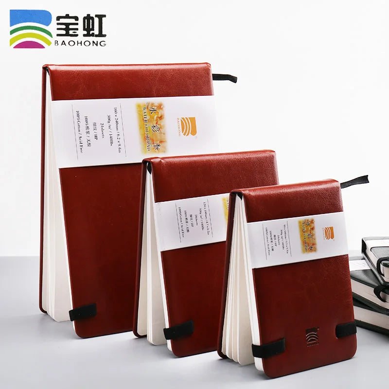 BAOHONG Watercolor Sketchbook 300g Notebook Cotton Pulp Watercolor Paper Faux Leather Cover Hand-Drawn Friendly for Sketching