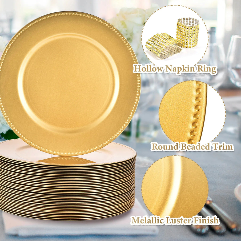 Gold Charger Plates Set of 50 Bulk 13 Inch Round Heavy Duty Reusable Plastic Dinner Chargers with Matching Napkin Ring Holders, Elegant Beaded Decorative Table Setting Serveware for Wedding Reception Christmas Party Holiday B