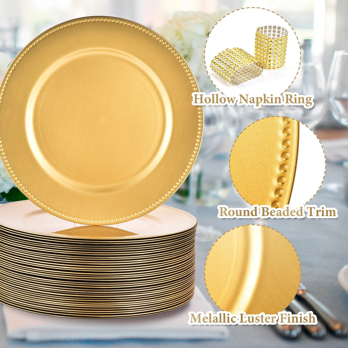 Gold Charger Plates Set of 50 Bulk 13 Inch Round Heavy Duty Reusable Plastic Dinner Chargers with Matching Napkin Ring Holders, Elegant Beaded Decorative Table Setting Serveware for Wedding Reception Christmas Party Holiday B