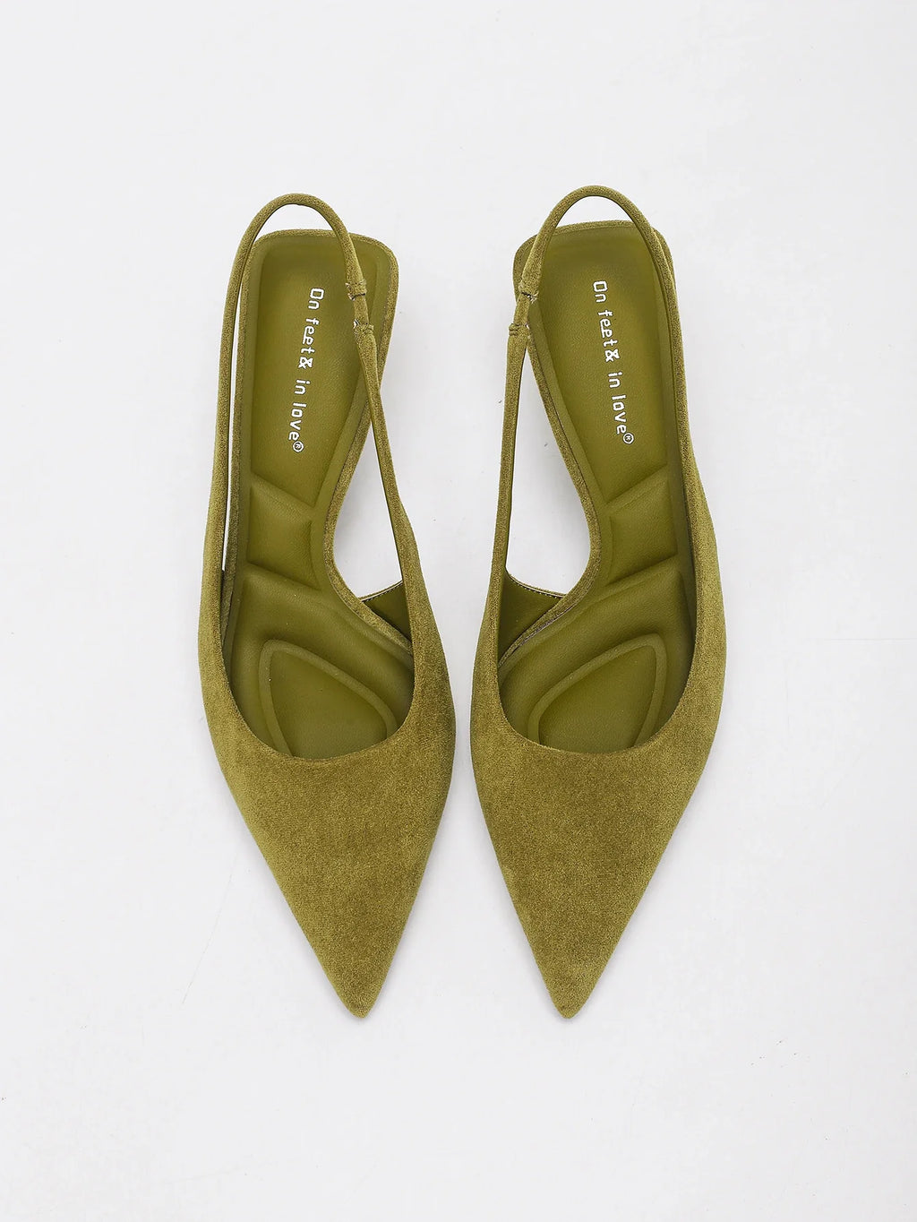 WOMEN OLIVE GREEN FAUX SUEDE SLINGBACK KITTEN HEELS POINTED TOE LOW HEEL PUMPS ELEGANT DRESS PARTY OFFICE SHOES