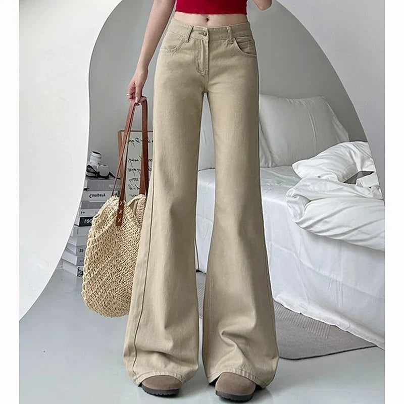 Female Classic Khaki Low Waist Flared Jeans Women Slim Fit Denim Trousers Girls Casual Fashion Thin Straight Leg Pants