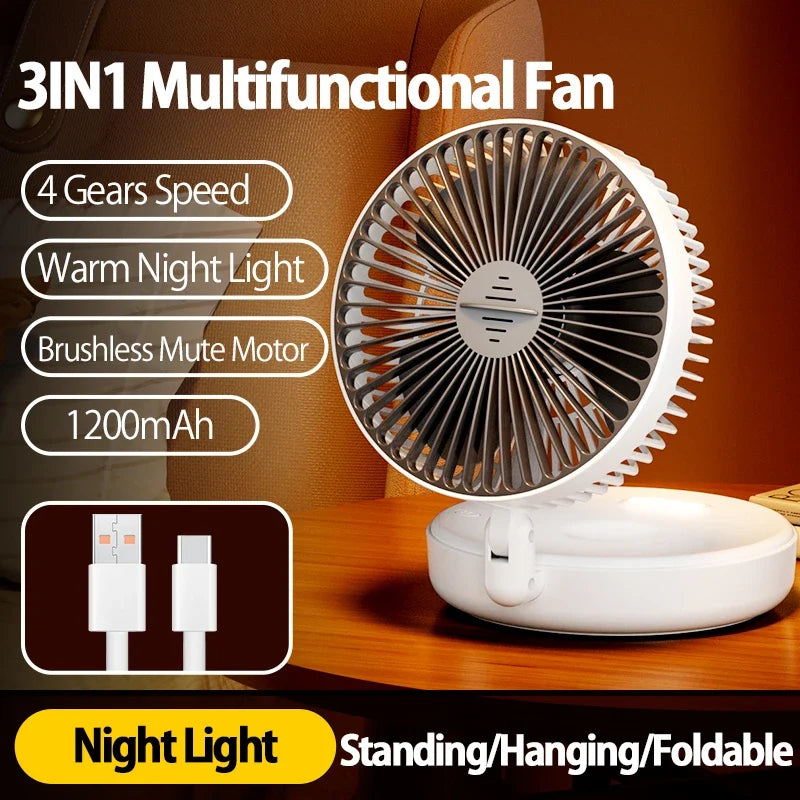 2024 New Style 5000mAh Small Portable Fan Rechargeable Wall Mounted Fan 90° Foldable Desktop Fan 4 Gears With Warm Night Light