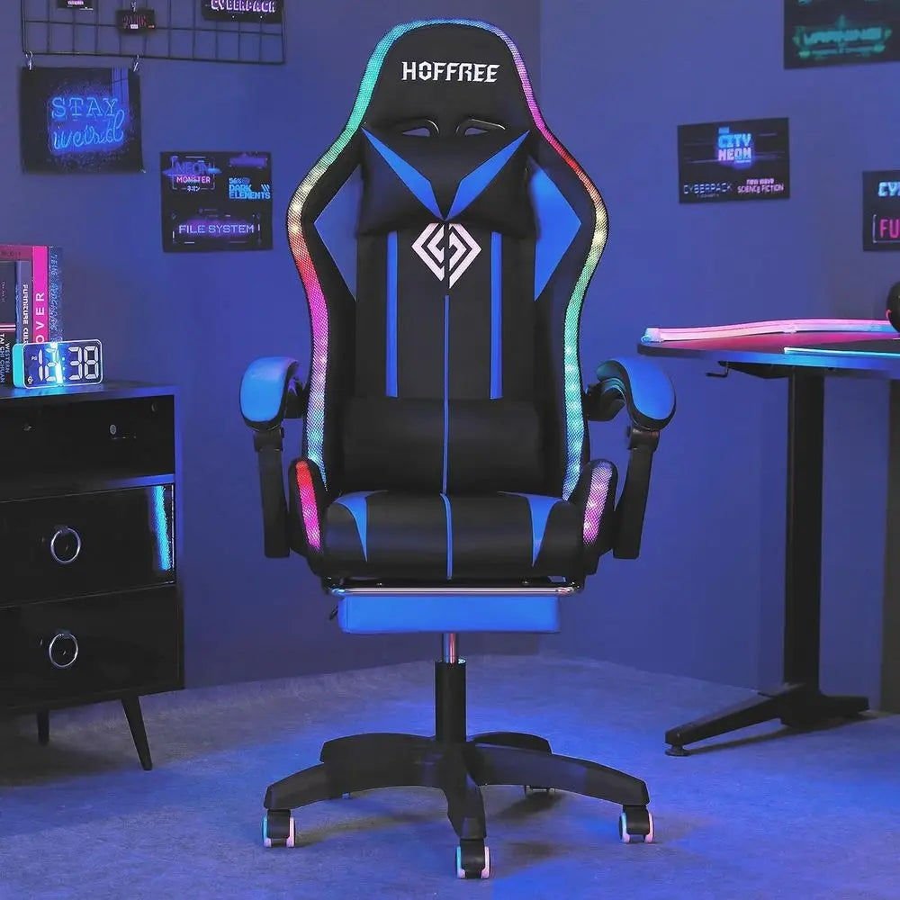 RGB Gaming Chair with Speakers LED Lights Massage Computer Chair-Blue+Black | Bluetooth Video Game Chair Reclining Gamer Chair w