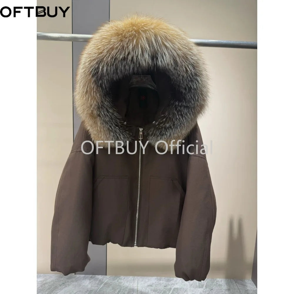 OFTBUY Real Fox Fur Collar Goose Down Jacket Women Cropped Hooded Coat Winter Warm Zipper Natural Fox Fur Thick Outerwear