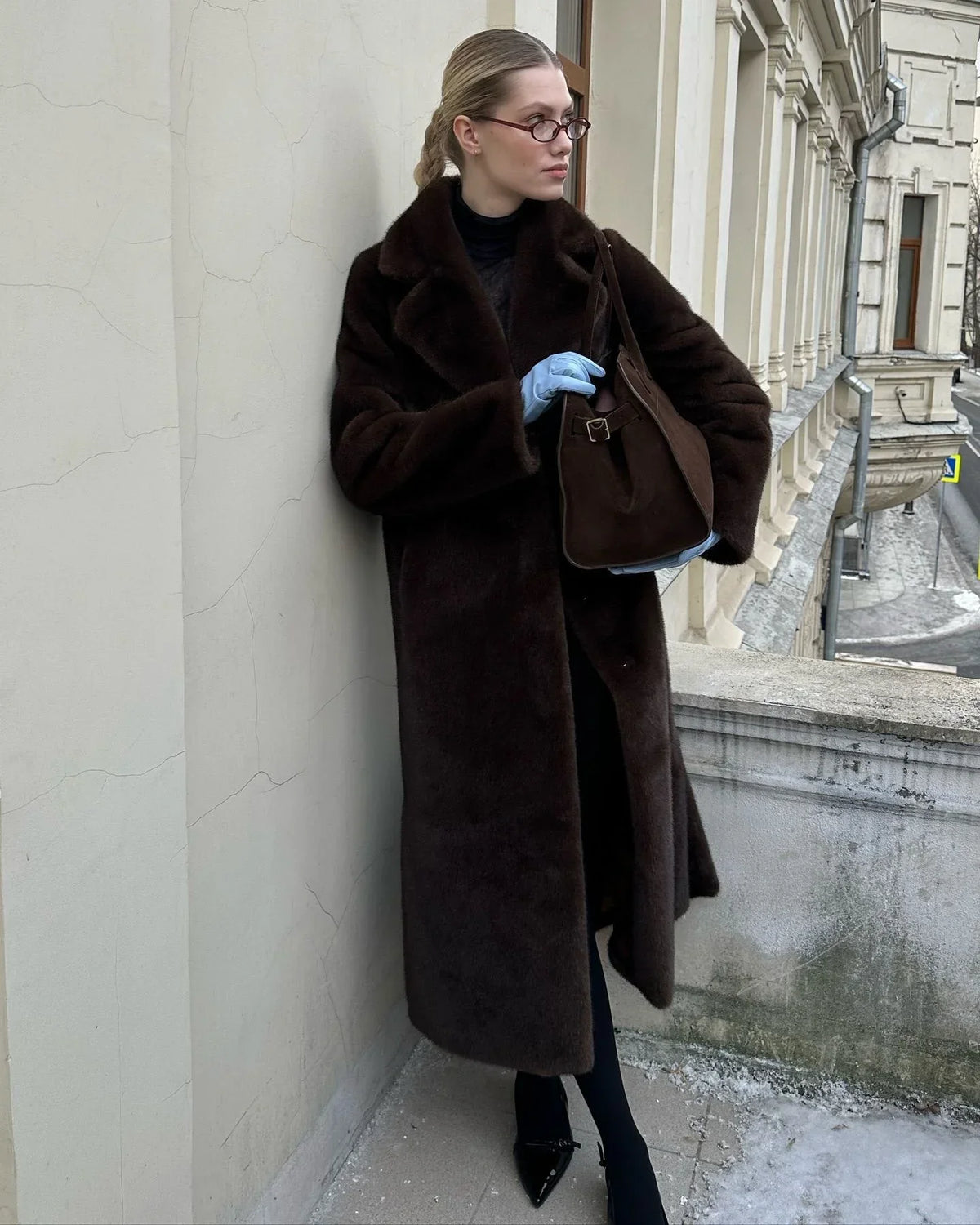 Women Elegant Solid Color Faux Fur Long Coat Notched Collar Belted Waist Loose Oversized Warm Winter Street Thick Outerwears New