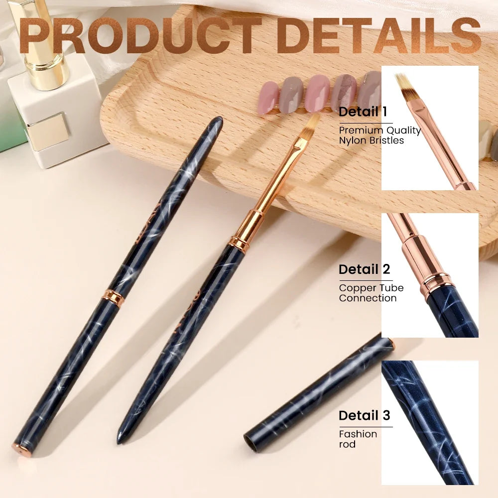 Portable Ombre Nail Art Brush with Dust Cap, Soft Nylon Bristles, Blue Marble Handle, Precision Blending Pen for Gradient Nail C