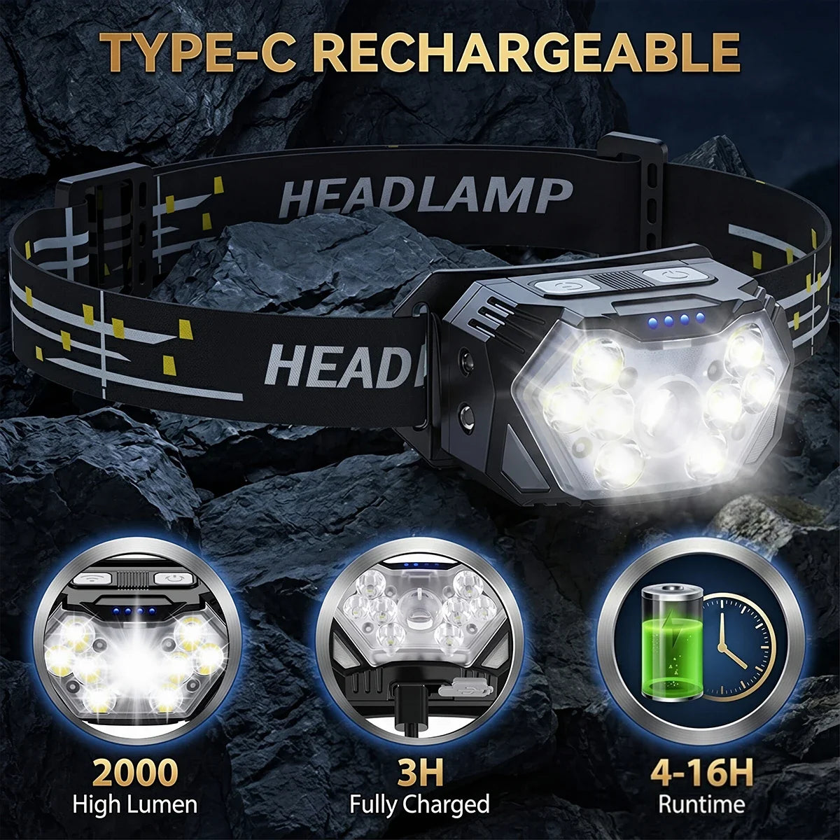 Motion Sensor Headlamp 9 Led Strong Headlight 2000 Lumen USB Portable Waterproof Camping Outdoor Head Lamp Work Flashlight