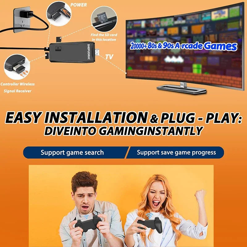 Retro Game Console with 20000 Games – Plug-and-Play TV Game Stick with 2 Wireless Controllers