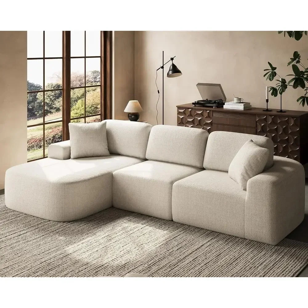 L-Shaped Sectional Sofa with Chaise, No Assembly, Ivory Beige Bouclé-Style Upholstery for Living Room