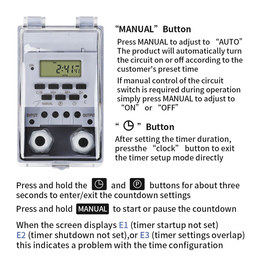 TNCE 30A Timer Switch, Waterproof 220V time controller, set to seconds, 32 groups of timer on and off, for light, water pump