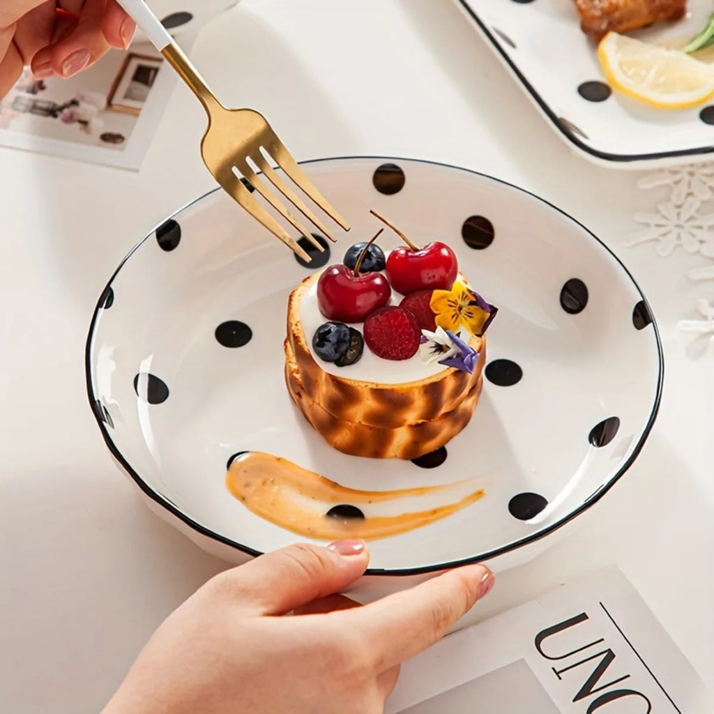 4Pcs Black Polka Dot Ceramic Plates Set,  Microwave Dishwasher Safe for Salad, Pasta, Dessert, Home Kitchen Tableware