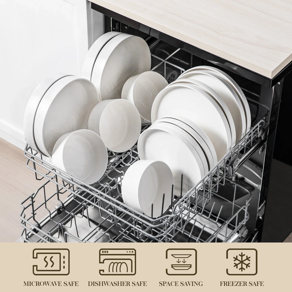 MALACASA 12/16/18/24 Piece Dinner Plates Sets Black Rim Half Standing Edge Dinnerware with 4/6PCS Dinner Plate/Dessert/Soup/Bowl