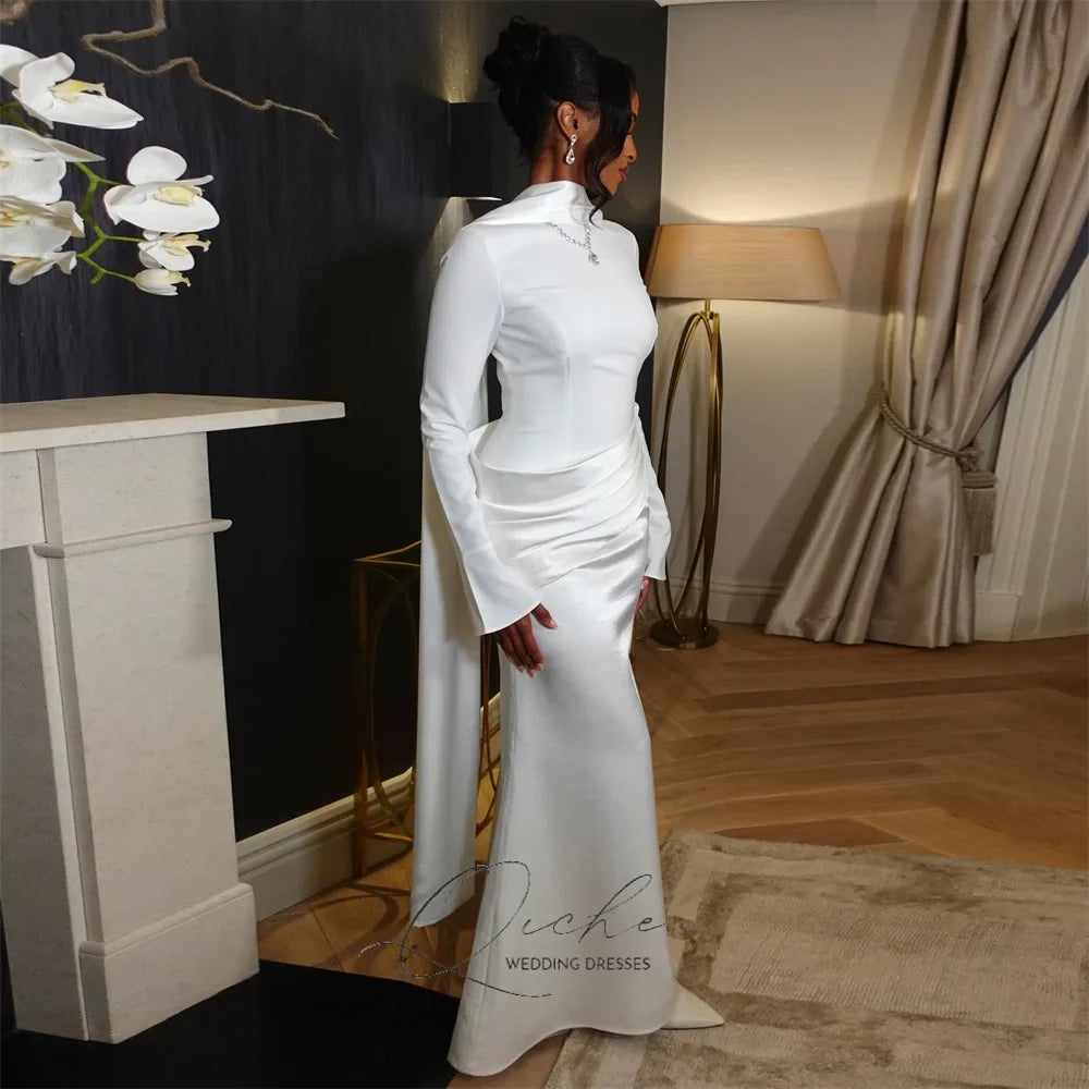 QICHE Modest Pleat Muslim Mermaid Wedding Dresses Women Long Sleeves With Cape High Collar Bridal Gown Robe De Mariée Customized