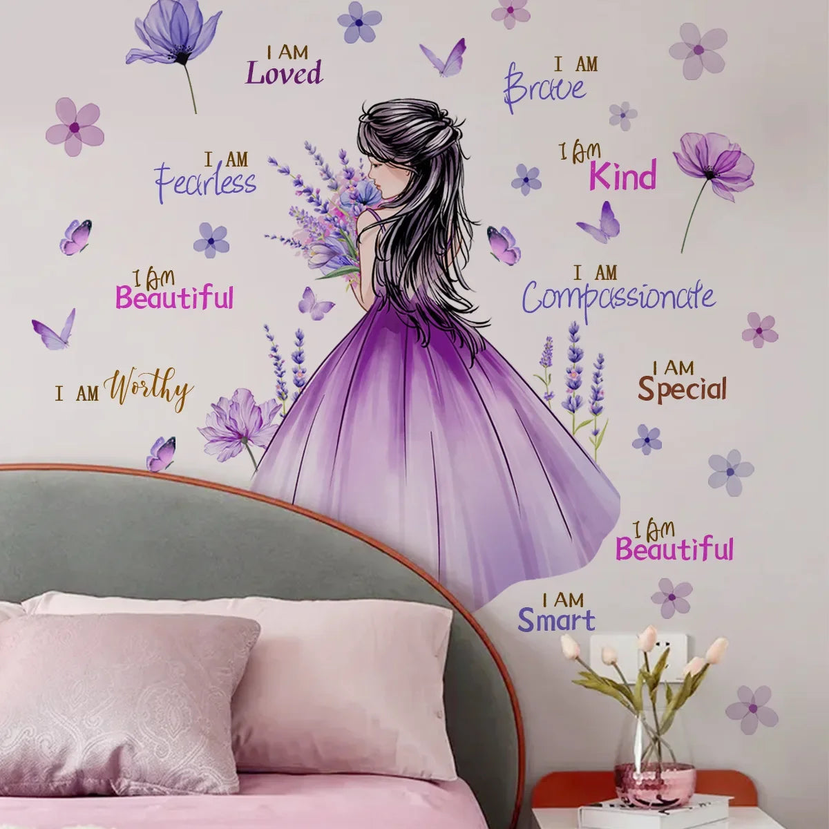 motivational 3d purple flower gilr wall sticker self adhesive Inspirational quote wall decal