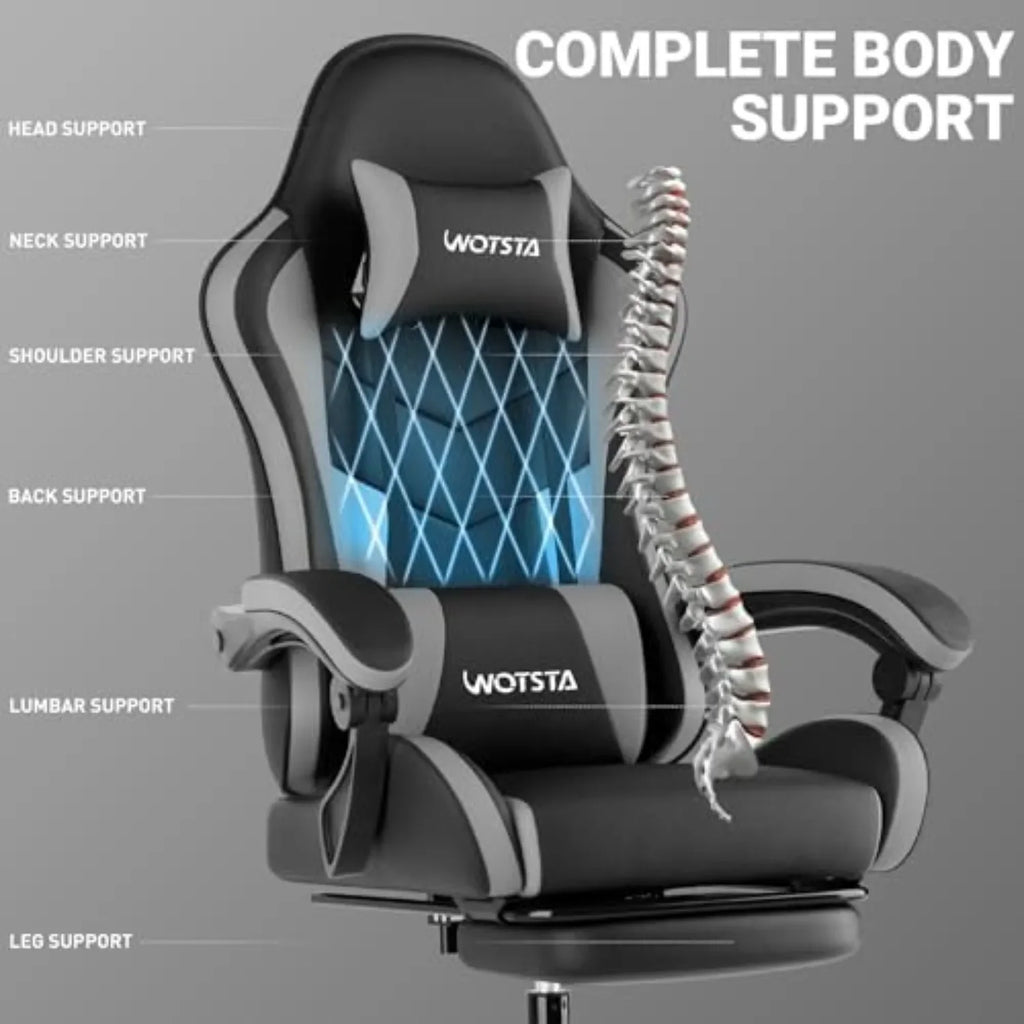 Ergonomic Gaming & Office Chair, Footrest, Racing Design Black/Grey | PVC with headrest,lumbar, Adjustable Height