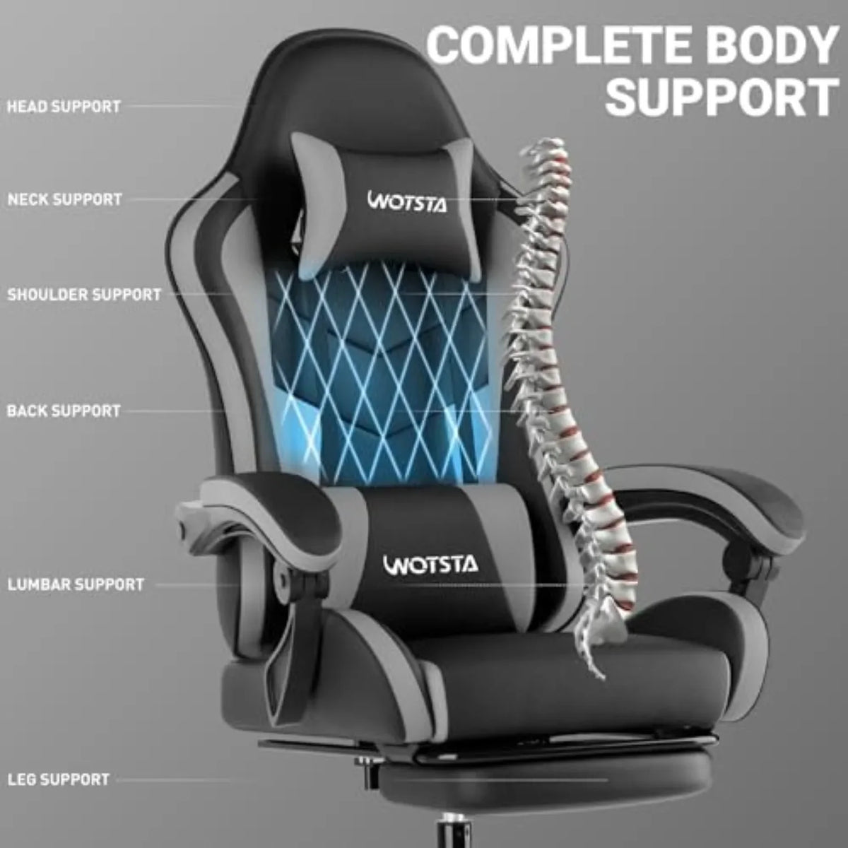 Ergonomic Gaming & Office Chair, Footrest, Racing Design Black/Grey | PVC with headrest,lumbar, Adjustable Height