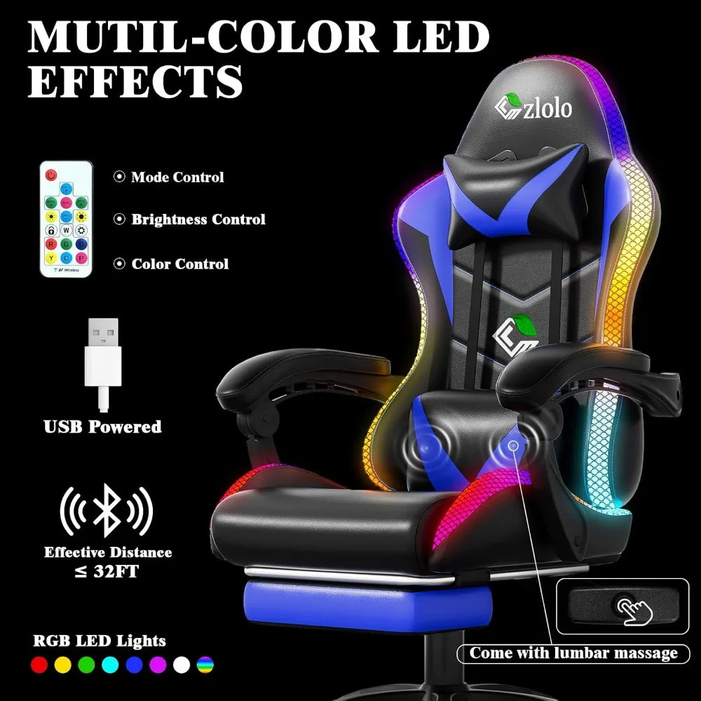 Racing Style RGB LED Gaming Chair with Lumbar Massager and Reclining Features
