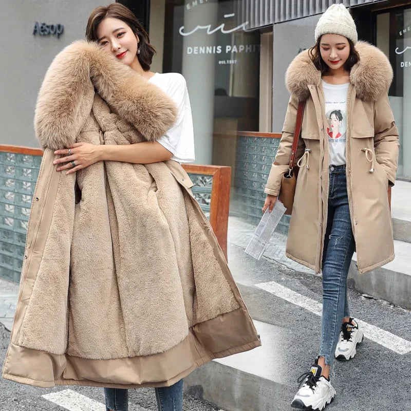 Women's Winter Parka, Hooded Fur Collar Thick Warm Long Coat