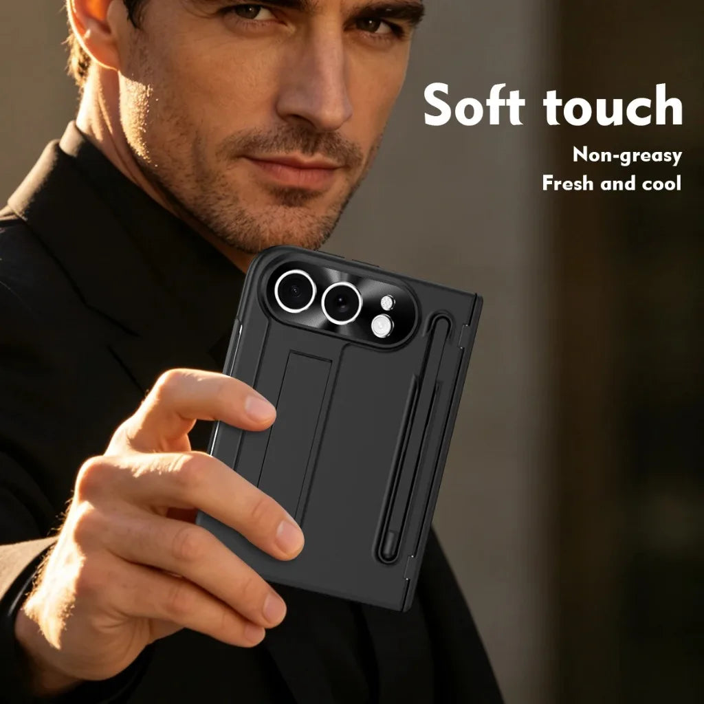 Full Hinge Protection Kickstand Phone Case for iPhone Duo Fold Hard PC Cover with Front Screen Tempered Glass Film & Stylus