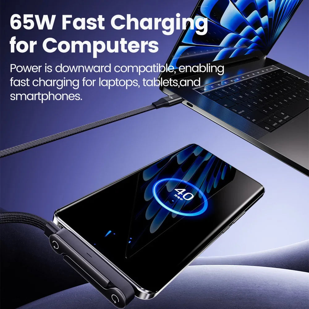 65W 2 in 1 USB A To USB C Fast Charging Foldable Phone Holder Data Cable USB Type C Builtin Desk Bracket Wire For Huawei Oneplus