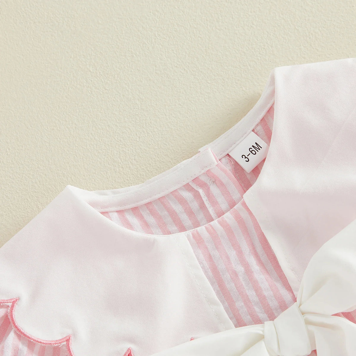 0-18M Newborn Baby Girl Summer Striped Romper Contrast Scalloped Edge Doll Collar Short Sleeve Bodysuit with Front Bow