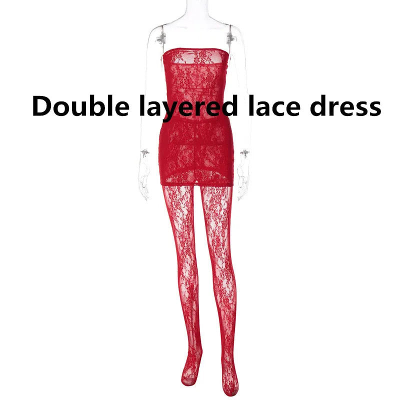3 Pieces Women Mini Dress + Leggings + Gloves Matching Set 2025 New Club Party See Through Black Red Lace Dresses Suit Outfits