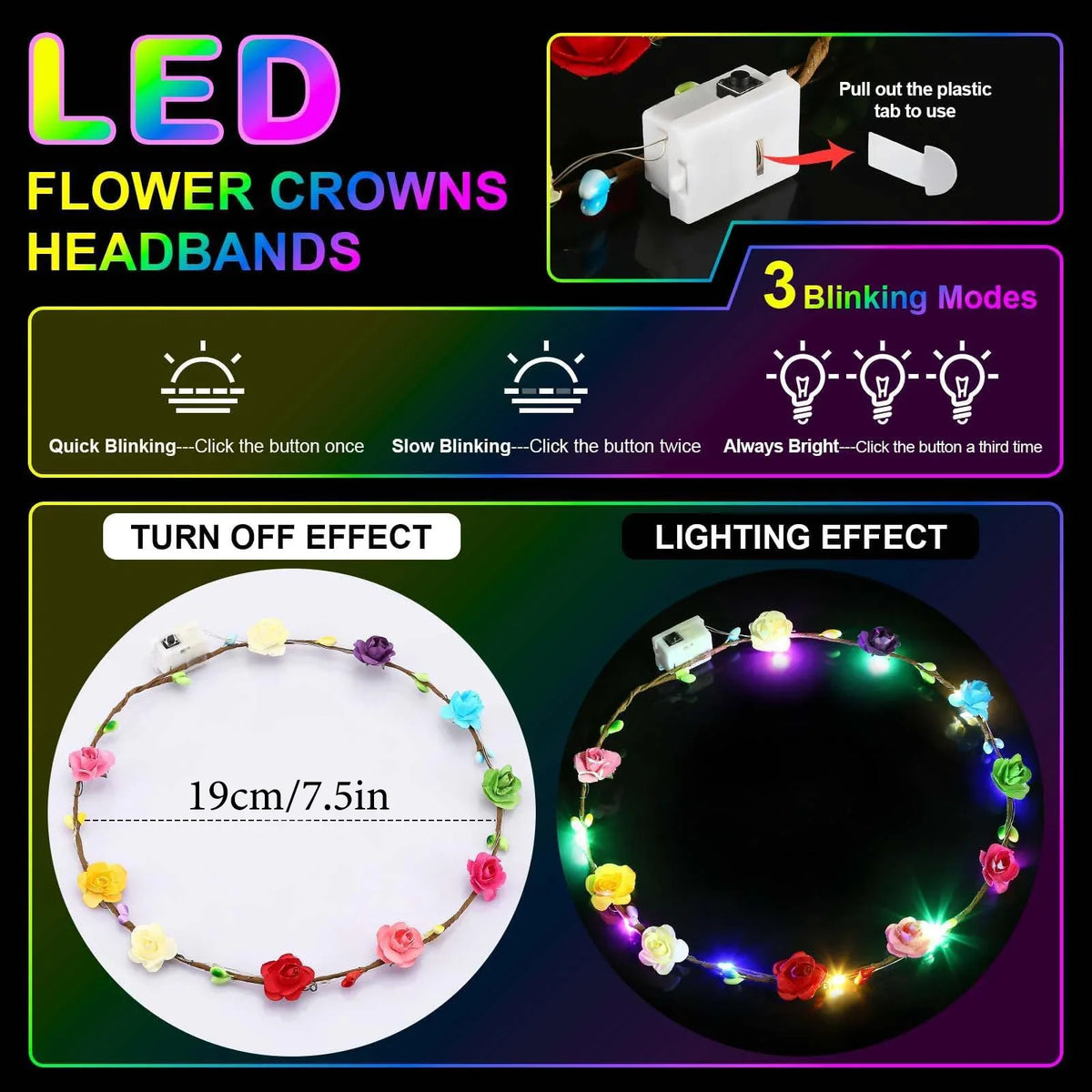 10-300pcs LED Flower Crowns Light Up Headbands Glowing Flower Crown Garland Glow in the Dark Headband for Wedding Party