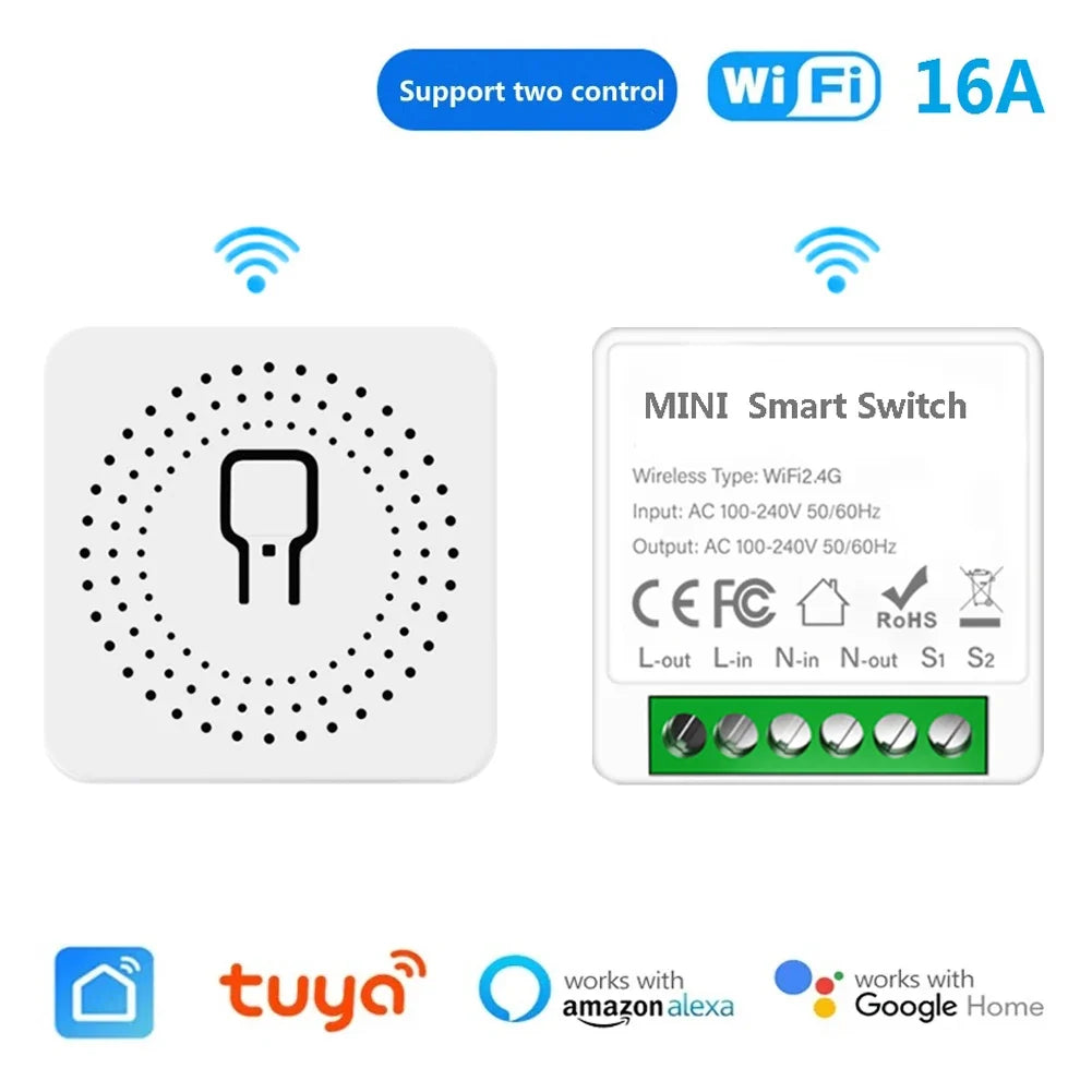 16A Mini Wifi Switch DIY 2-way Control Breaker Timing Relay Smart Home Works With Tuya Smart Life App Alexa Alice Google Home