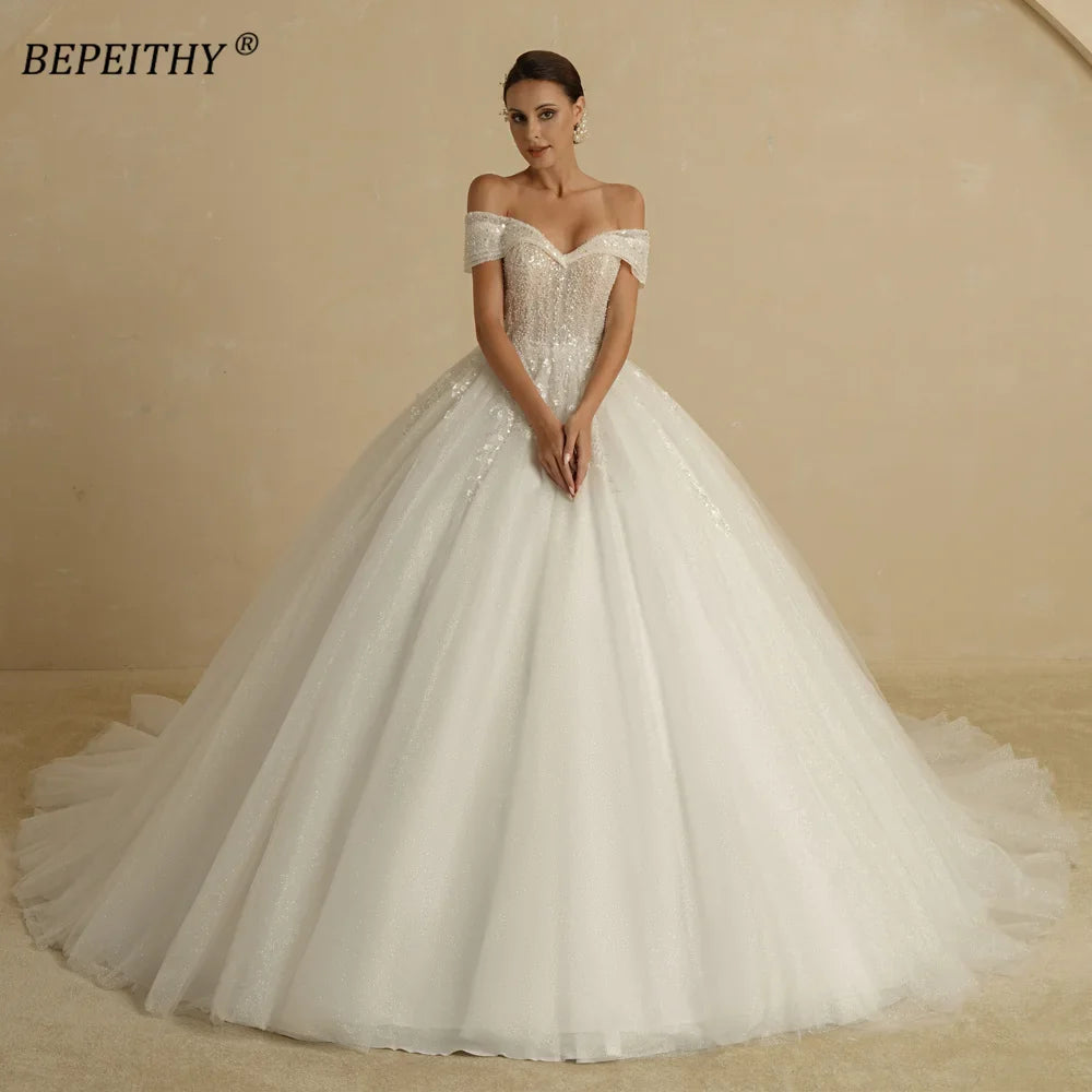 BEPEITHY Customized Plus Size Princess Wedding Dresses 2026 For Bride Off Shoulder Sleeveless Women Glitter Ball Bridal Gown