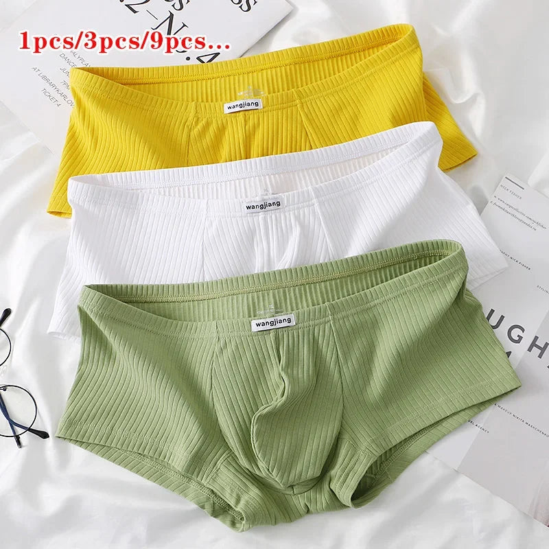 1PCS/3PCS/9PCS Men Boxer Shorts Low-rise Solid Color Ribbed Panties Underpants