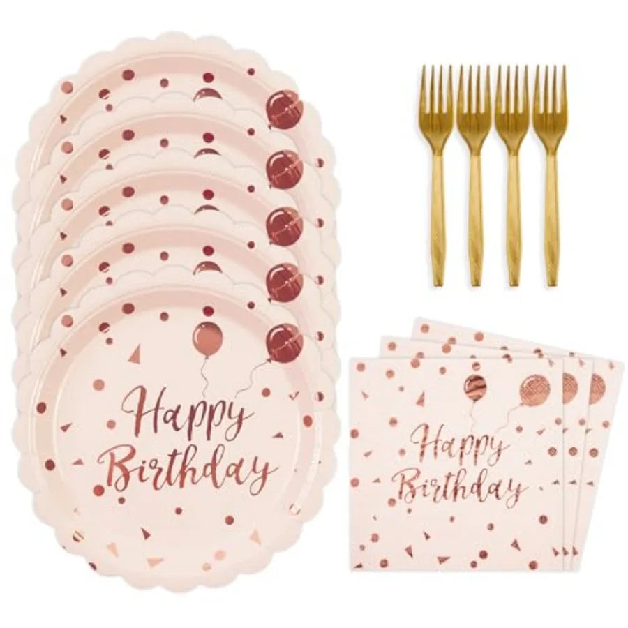 48PCS Happy Birthday Plates and Napkins Party Supplies-Disposable and Gold Scalloped Dessert Cake Plates Napkins Forks Tablewar