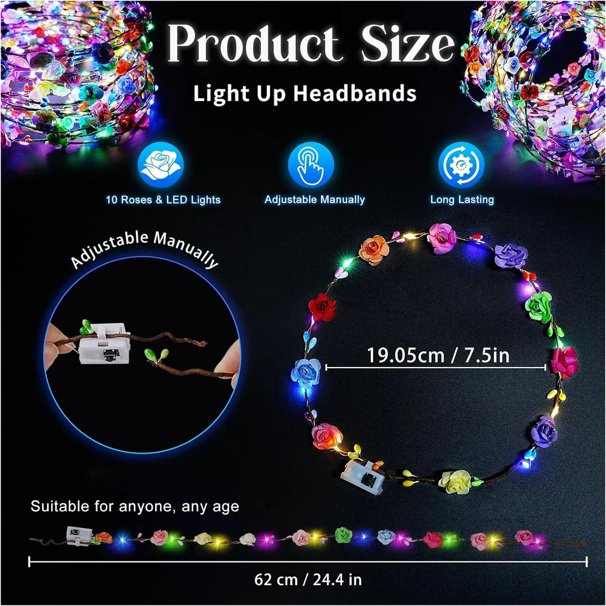 10-100pcs LED Flower Headbands Glowing Garland Light Up Headbands Glow in the Dark Headband Wedding Beach Party Birthday