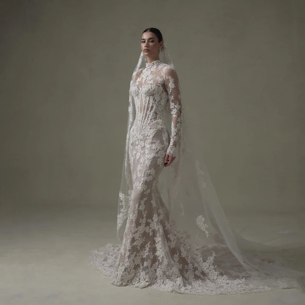 Ivory Lace Mermaid Wedding Dresses for Bride Removable High Neck Long Sleeve Backless Garden Beach Bridal Gown Customized