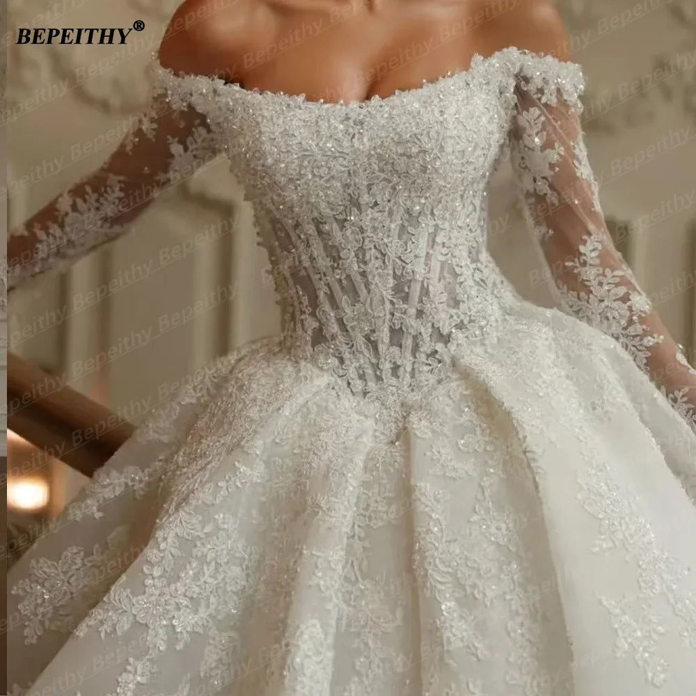 BEPEITHY Customizd Off Shoulder Long Sleeves Princess Wedding Dresses 2026 Ivory Plus Size Crystal Bride Romantic Bridal Gown