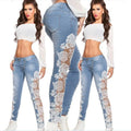 Pencil Denim Hollow Out Women Jeans Fashion Floral Appliques Lace Patchwork Pants High Waisted Slim Fit Sexy Denim Trousers