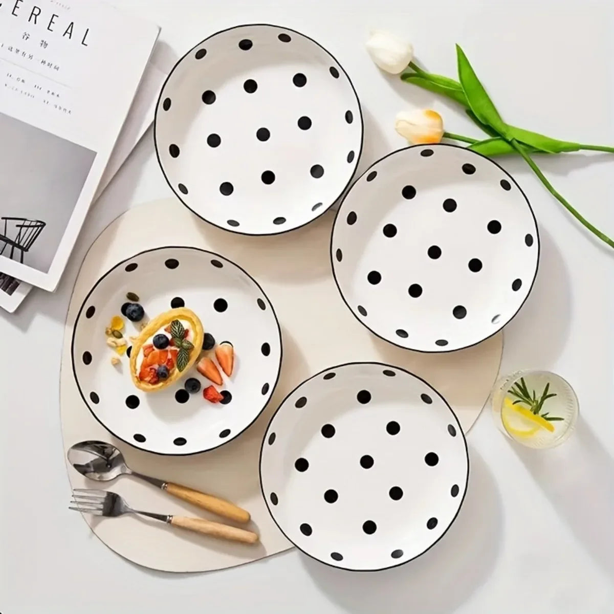 4Pcs Black Polka Dot Ceramic Plates Set,  Microwave Dishwasher Safe for Salad, Pasta, Dessert, Home Kitchen Tableware