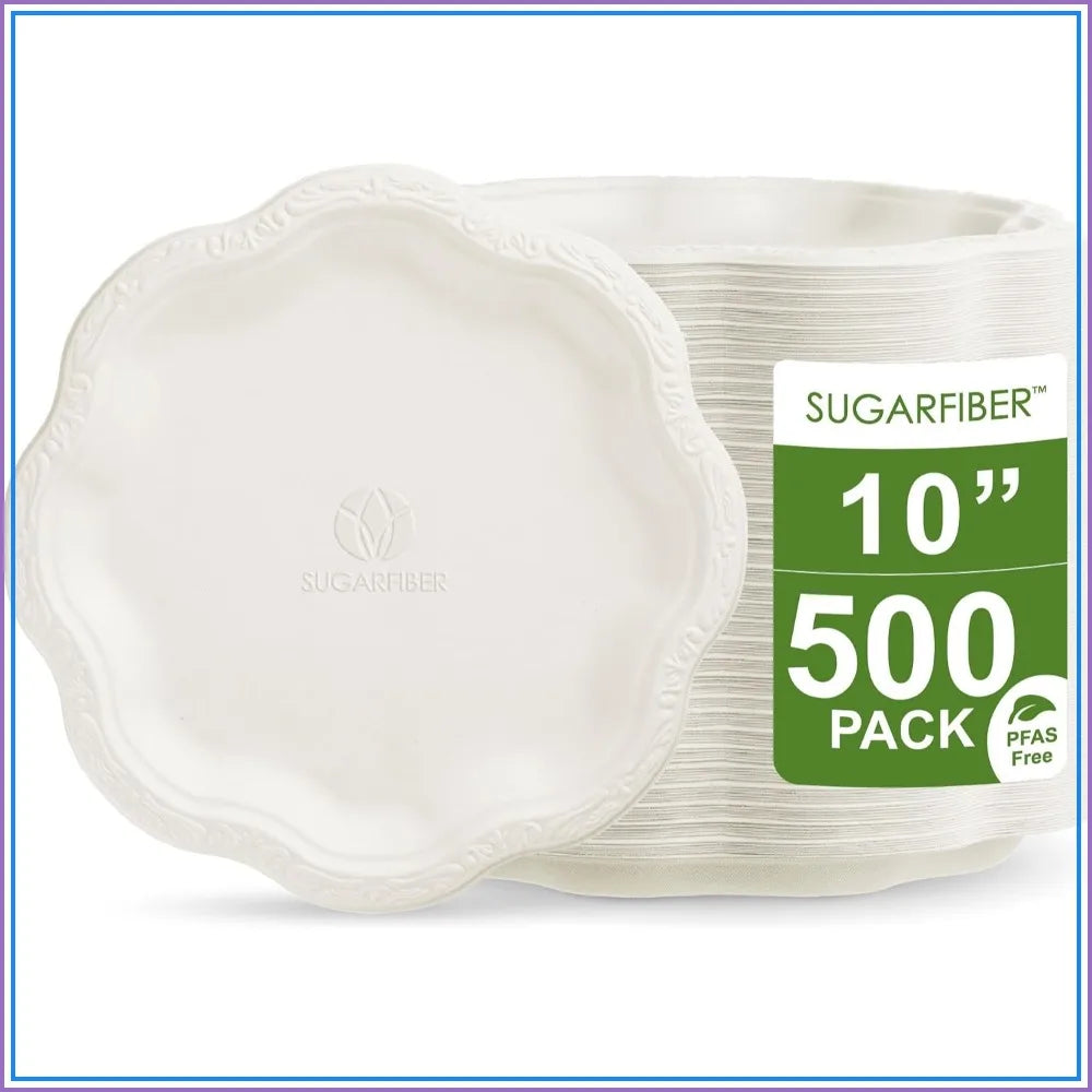 10 inch Compostable Paper Plates White Floral Acanthus Scalloped Disposable Dinnerware