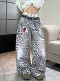 1PC Vintage Leopard Print High-Waist Loose Women's Jeans, Fashionable Design, Street Style Casual Versatile Wide-Leg Pants