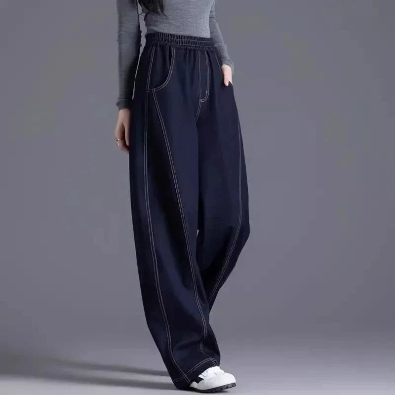 Elastic waist Wide leg Jeans Women's 2026 New Spring Autumn Loose High waist Sickle Shaped Knife Pants Female Casual Denim Pants
