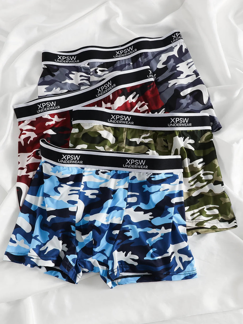 Men's 4-Pack Polyester Boxer Briefs - Camouflage Print, "XPSW UNDERWEAR" Waistband