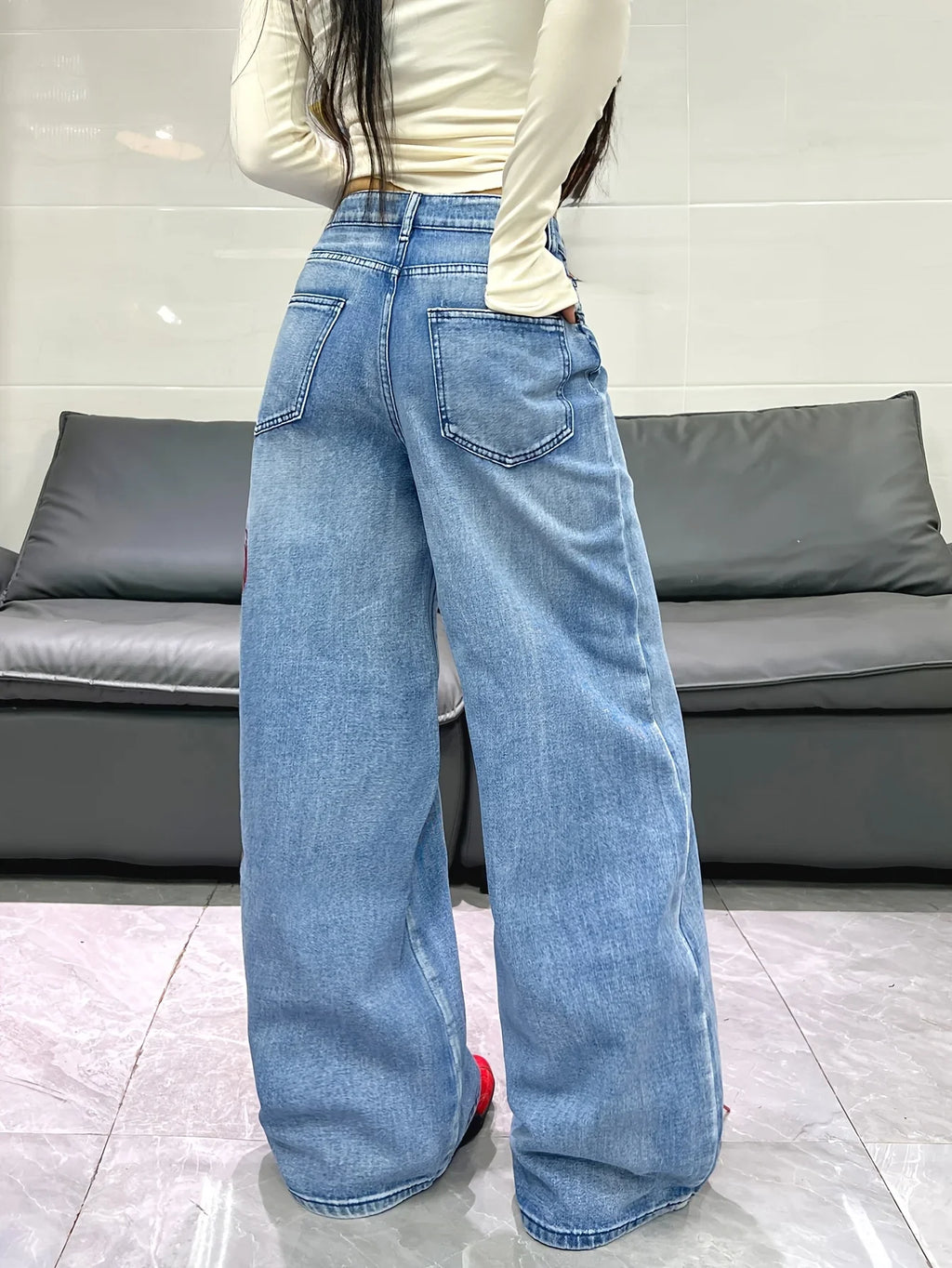 American Retro Two-Color Embroidered Wide-Leg Women's High-Waisted Jeans - Fashionable Design, Straight-Leg Loose Slimming Wide-Leg Floor-Length Trousers For Street Hotties