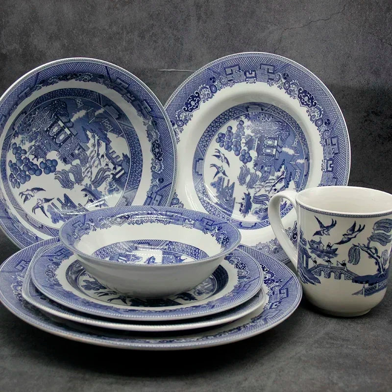 The Blue Willow Set Dinner Elegant England Ware Style Ceramic Breakfast Beef Plate Dishes Dessert Soup Dish Bowl