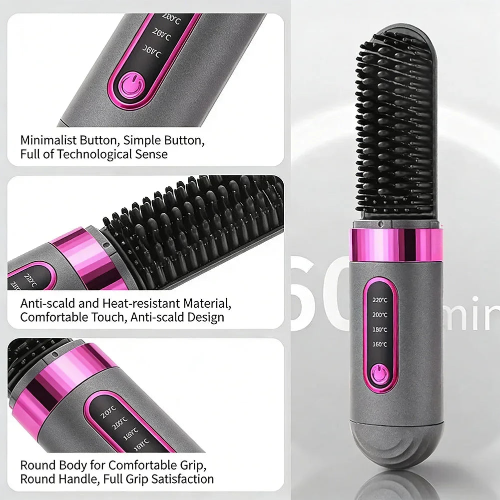 For Travel Beauty Hair Tool Wireless Mini Hair Styler Portable Rechargeable Curling & Straightening Comb Temperature Adjustable