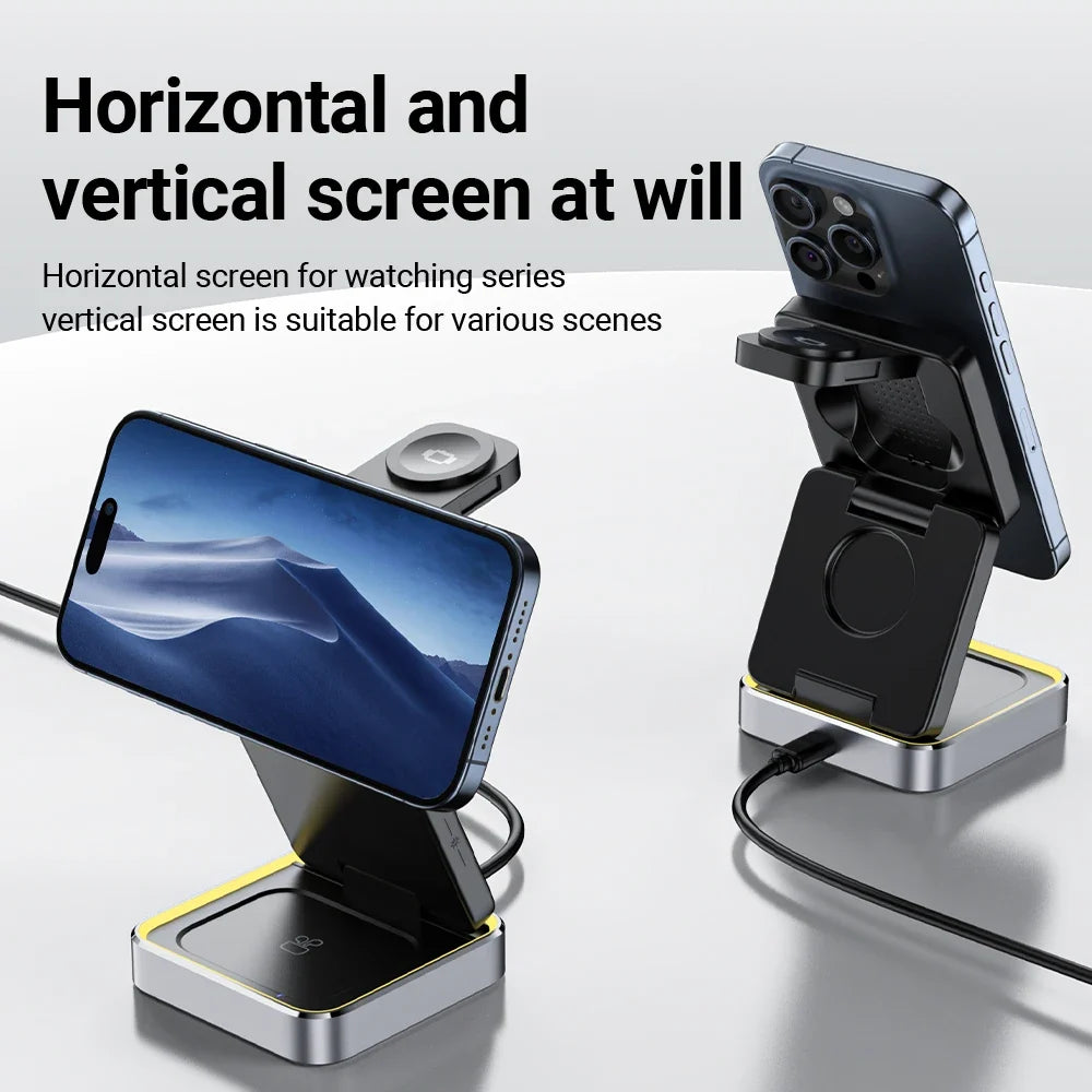ACEFAST Aluminum Alloy 15W Wireless Magnetic Wireless Charging Holder For iPhone 16/15/14 Foldable 3 in 1 Charging Dock Station
