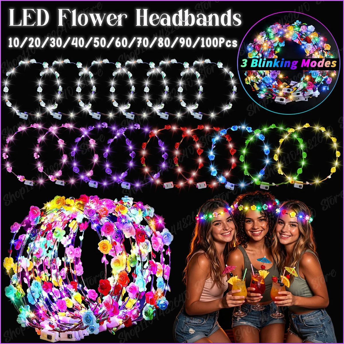 10-100pcs LED Flower Headbands Glowing Garland Light Up Headbands Glow in the Dark Headband Wedding Beach Party Birthday