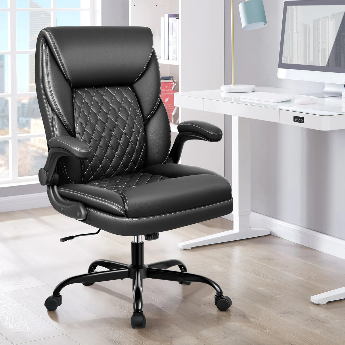 KERDOM Office Desk Chair, Mid Back Executive Leather Chair,Ergonomic Home Computer Chair,Modern Conference Room Chairs with Adjustable Flip-Up Arms and Rocking Function, Black