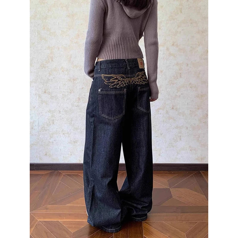 ZHIZOU Women Chic Baggy Embroidery Jeans Grunge Japanese Low Rise Y2K Denim Pants 2000s Aesthetic Harajuku Abi Grunge Cyber Punk