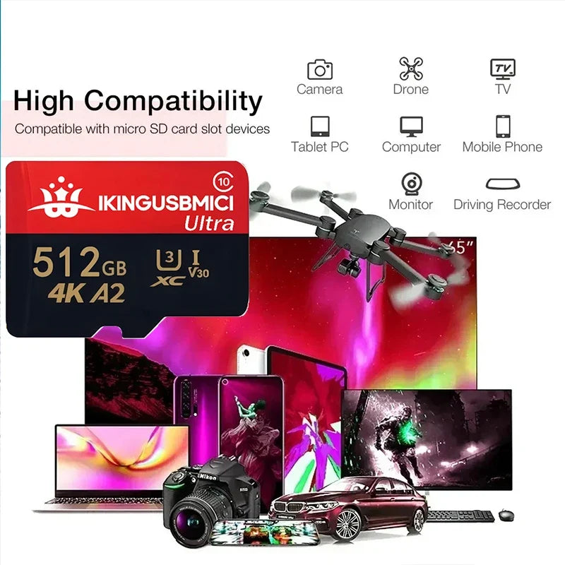 Micro SD Card Mini Memory Class 10 High Speed 256GB 4K Ultra- HD Video A2 TF Flash Card MicroSD for Xiaomi Camera Phone Drone