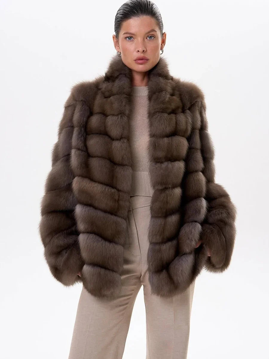 Women Winter Faux Fur Coat 2026 Warm Taupe Fluffy Plush Jacket Striped Patchwork Elegant Outerwear